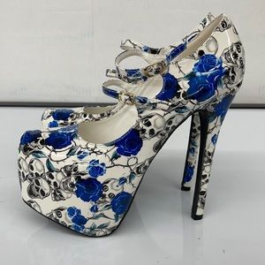 Blue Floral Skull Platform Heels